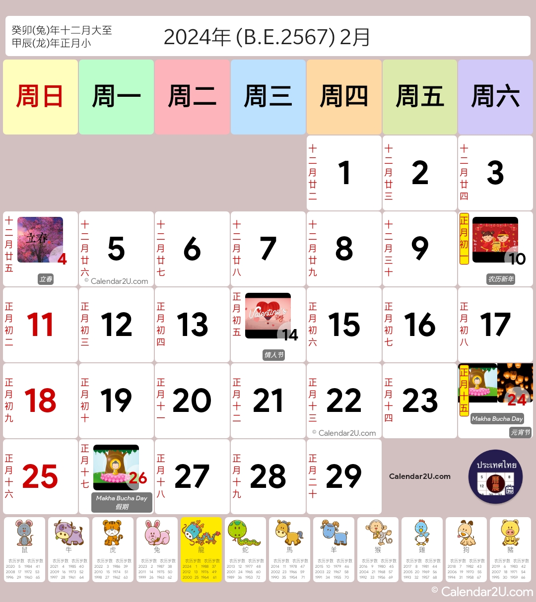 泰国 - 中国农历 (Thailand - Chinese Lunar) Calendar