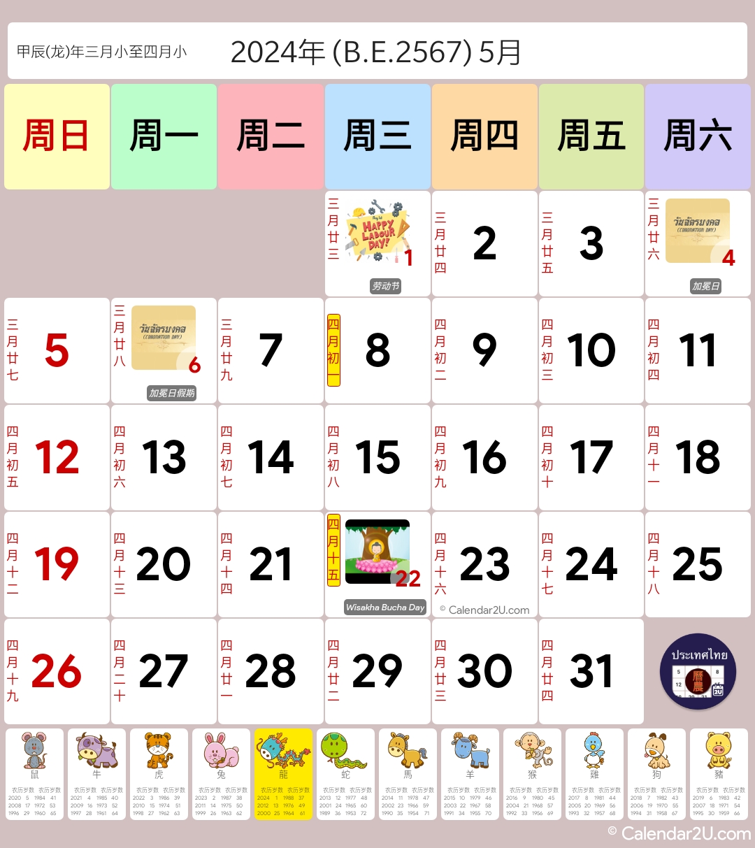 ประเทศไทย - จันทรคติจีน (Thailand - Chinese Lunar) Calendar